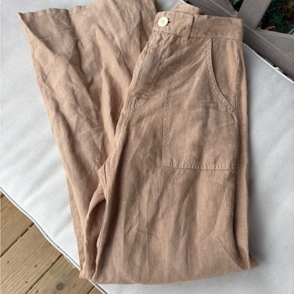 Enza Costa French Linen Pants Size 1 Tan Wide Leg Made USA Minimalist